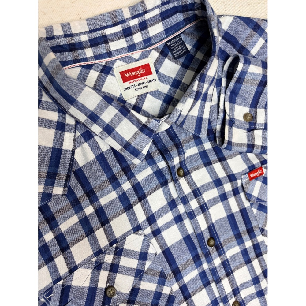 Wrangler Mens Blue White‎ Plaid Western Long Sleeve Shirt 3XL 112366769